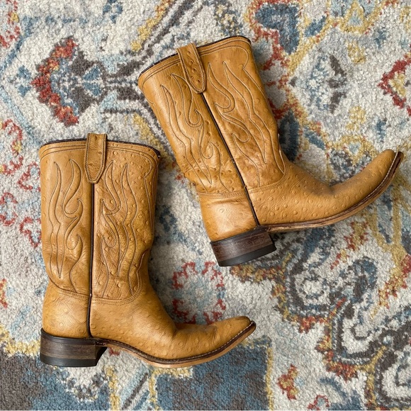 Vintage ACME Ostrich Grain Tan Leather Cowboy Boots, Size 6 - Picture 2 of 8